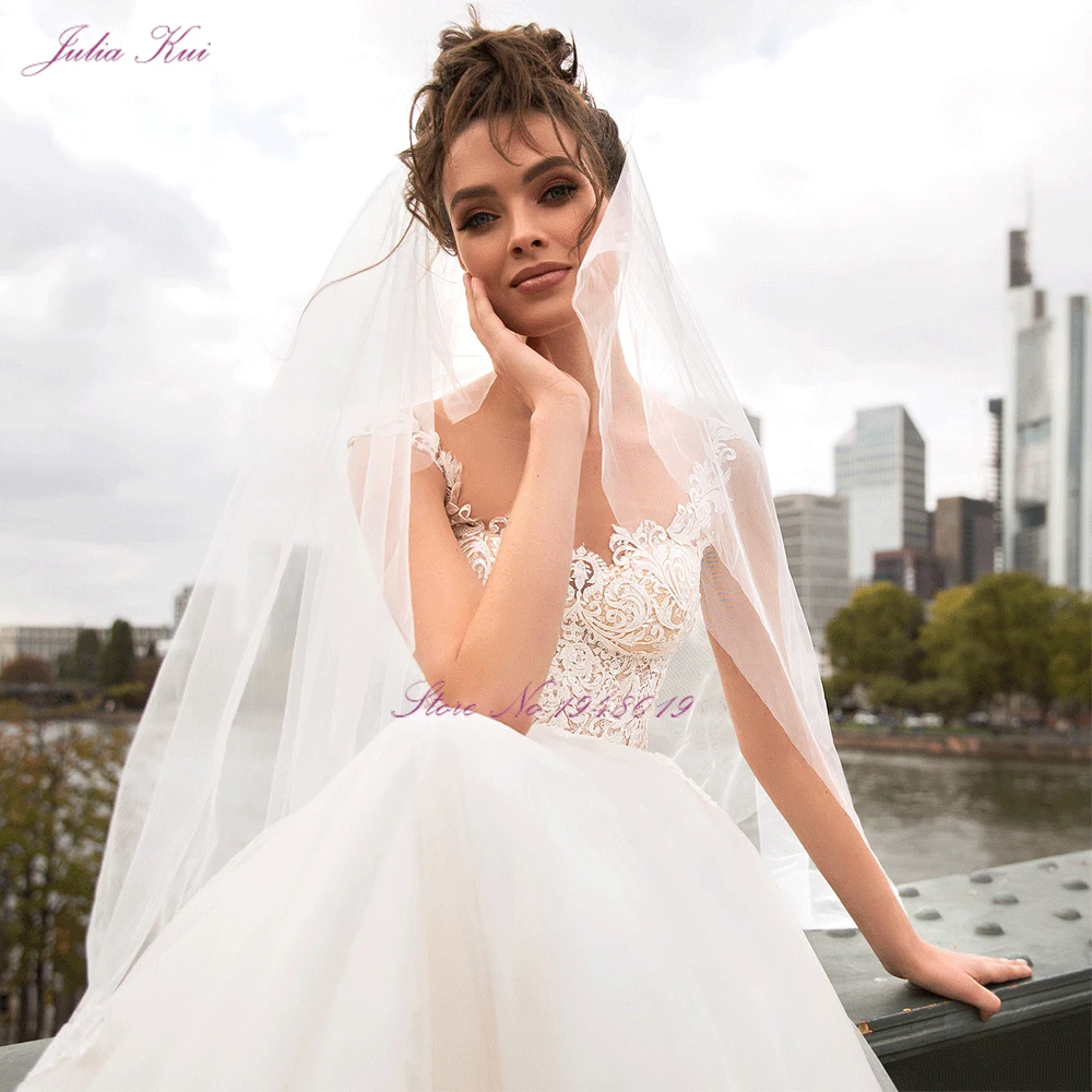 Julia Kui Robe de mariee винтажное кружевное Тюлевое ТРАПЕЦИЕВИДНОЕ свадебное платье без рукавов с глубоким вырезом, свадебные платья для невесты
