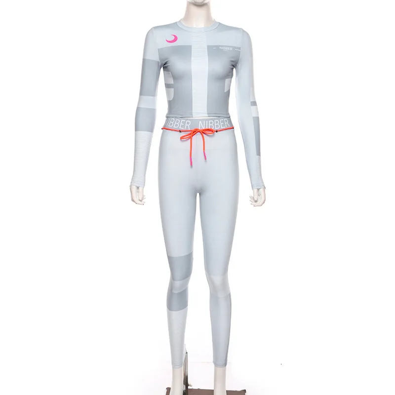 AIUJXK Женский комплект из двух предметов для фитнеса, спортивный костюм с длинным рукавом, укороченный топ и штаны с буквенным принтом, обтягивающие леггинсы, спортивная одежда