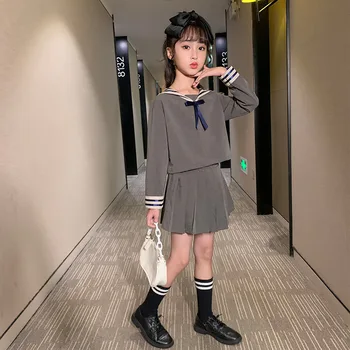 

Children's Skirt Set Teenage Girl Long Sleeve Navy Bow Tie Top+Skirts Two Piece Kids Suit Cotton Blend School Baby Girls Outfits