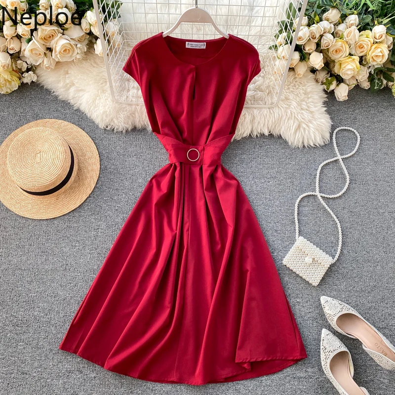

Neploe Vintage Dress Women Spring 2020 Solid O Neck Sleeveless Tank Vestidos Elegant Sashes Slim Waist Female Party Dress 80752