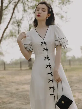 

New Design Summer Women Long White Dress Vintage Butterfly Sleeve V-Neck Bow Fairy Dresses Lady Vestidos Elegantes Para Mujer