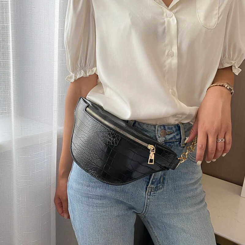 Riñonera de piel sintética con cadena para mujer, bolso de cintura con correa de plátano, negro y rosa|Riñoneras| AliExpress