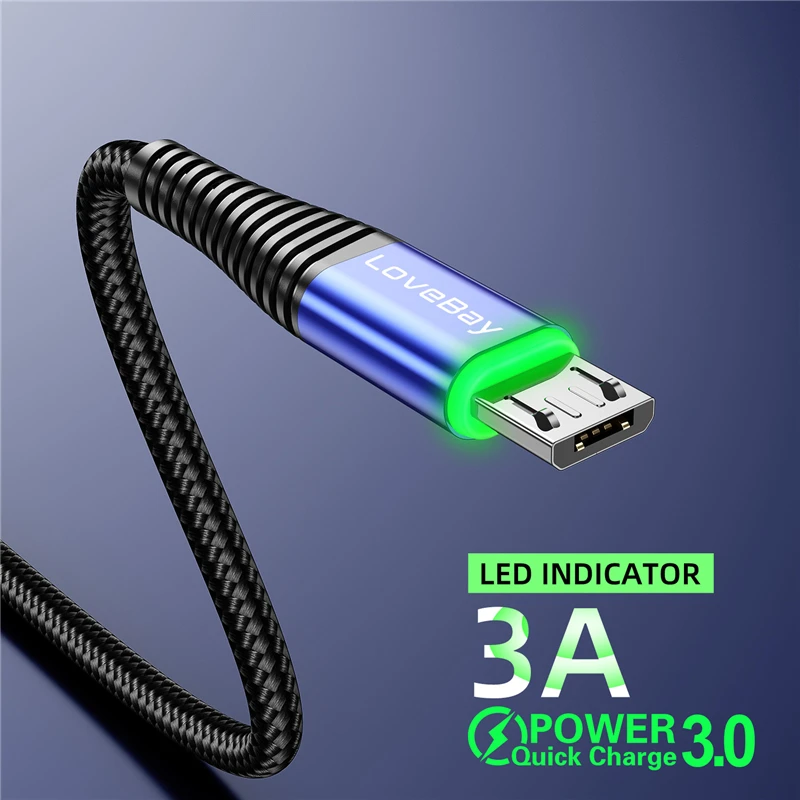Lovebay LED 2M Micro USB Cable 3A QC 3.0 Quick Charge Wire For iPhone Xiaomi Android Mobile Phone Data Cable Cord Fast Charging