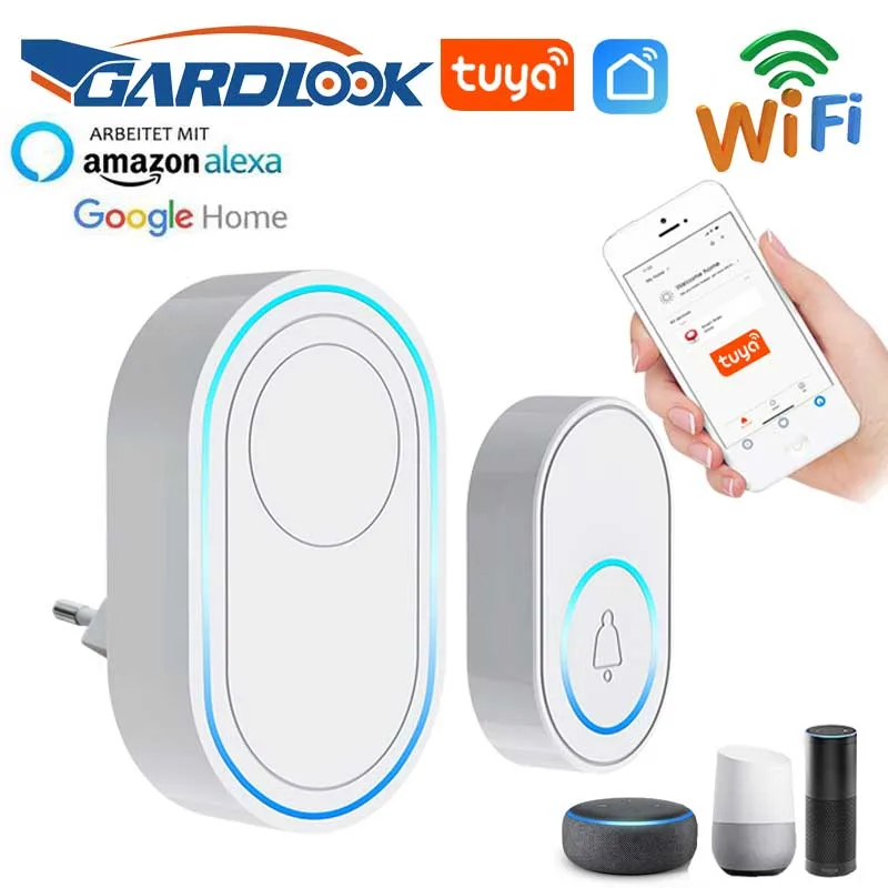 Timbre inalámbrico con aplicación Wifi, sistema de alarma de casa inteligente de bienvenida, 433MHz, blanco, 300m de control remoto, enchufe europeo y estadounidense