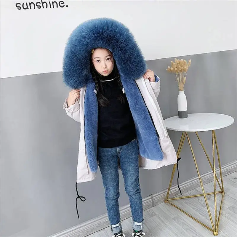 blue Г. Зимняя детская куртка для девочек и мальчиков, искусственная подкладка из кроличьего меха Рекс детская Толстая теплая парка для девочек Повседневная Верхняя одежда с капюшоном для мальчиков-подростков K38 - Цвет: blue
