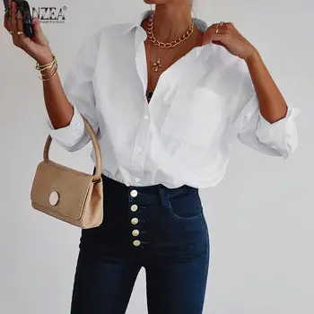 

ZANZEA Plus Size Women Tops and Blouses Work White OL Shirts Lady Casual Solid Lapel Neck Blusas Female Cotton Loose Tunic Tops