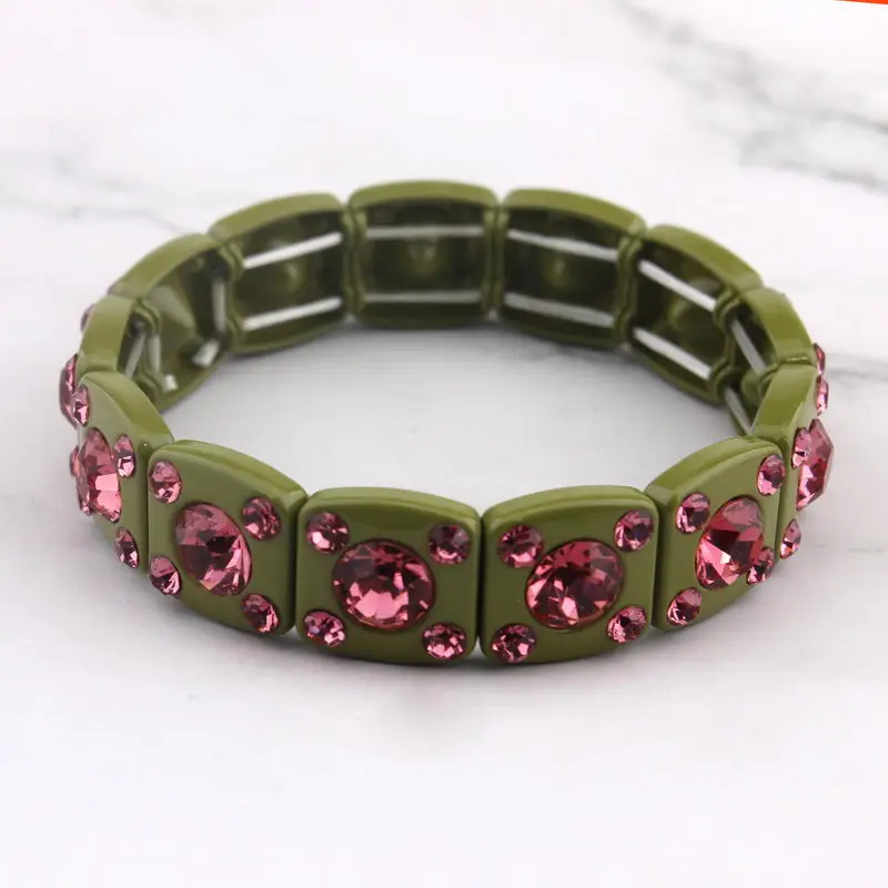 ZWPON Faceted Glass Crystal Square Tile Bead Bangles Bracelets for Women Fashion Multicolor Painted Elastic Bracelets Wholesale - Окраска металла: B2243 Green