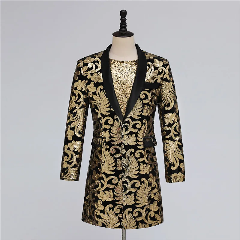 Gold Sequins Middle Long Tuxedo Suit Jacket Male Singer Bar Concert Stage Shiny Long Blazer Shawl Collar Slim Coat Show Costume