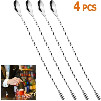

4 PC 12Inch Cocktail Stirrers,304 Stainless Steel Mixing Cocktail Spoon,Spiral Pattern Bar Cocktail Shaker Spoon