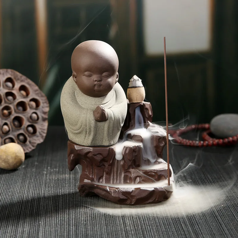 50Pcs Incense Cones+ 1Pc Burner The Little Monk Small Buddha Censer Ceramic Waterfall Backflow Incense Burner Holder Home Decor