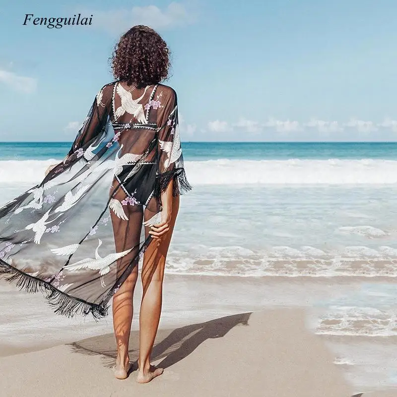 

2021 New Crane Embroidered Mesh Fringe Sunscreen Summer Seaside Beach Resort Bikini Cover Up