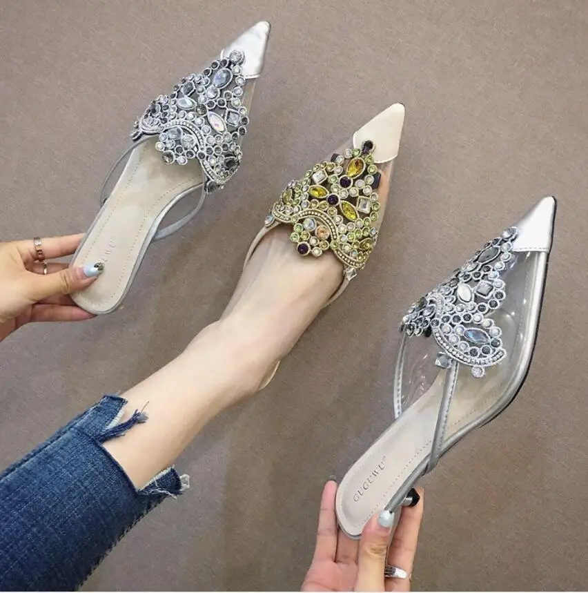 

Sandals Woman 2019 Transparent Rhinestone Sharp With Fine With Clothes Slipper