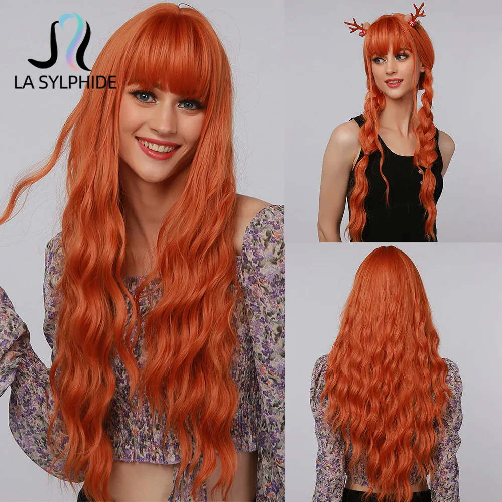 Hot Seller Cosplay Wig Bangs Synthetic-Hair Orange Black White Heat-Resistant Deep-Wave Long Woman JlwjeB9grb6