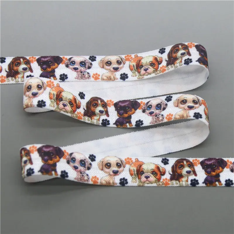 DHK 5/8'' 5yards dog printed Fold Elastic FOE stretch ribbon hairbow headwear headband DIY C1855