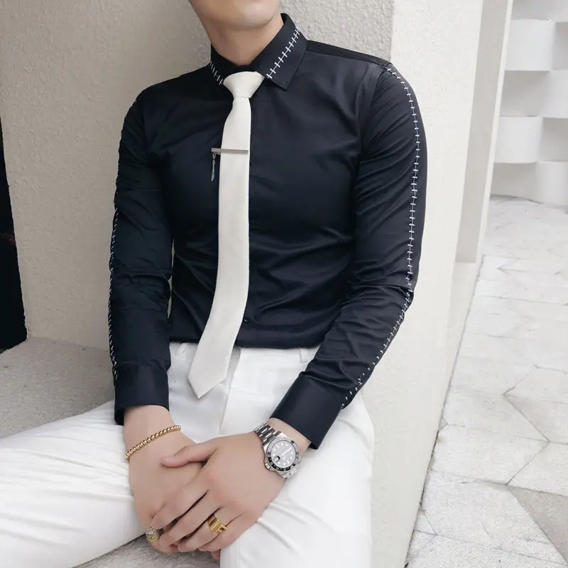 Мужская Тонкая Рубашка с длинными рукавами, однотонная мужская одежда, рубашка высокого качества, нижнее белье с галстуком - Цвет: black