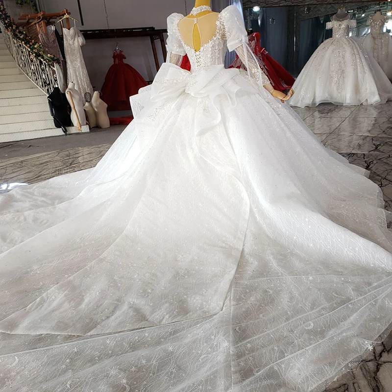 HTL2297 Shiny Lace Applique Wedding Dresses With Glitters Backless Wedding Dress V Neck Long Sleeve New Vistido De Noiva Simples 2