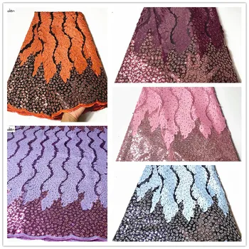 

African Lace Fabric French Sequins Net Lace 5yards High Quality Orange Sequins Lace Fabric For New Year Sewing Dresses XS912-17