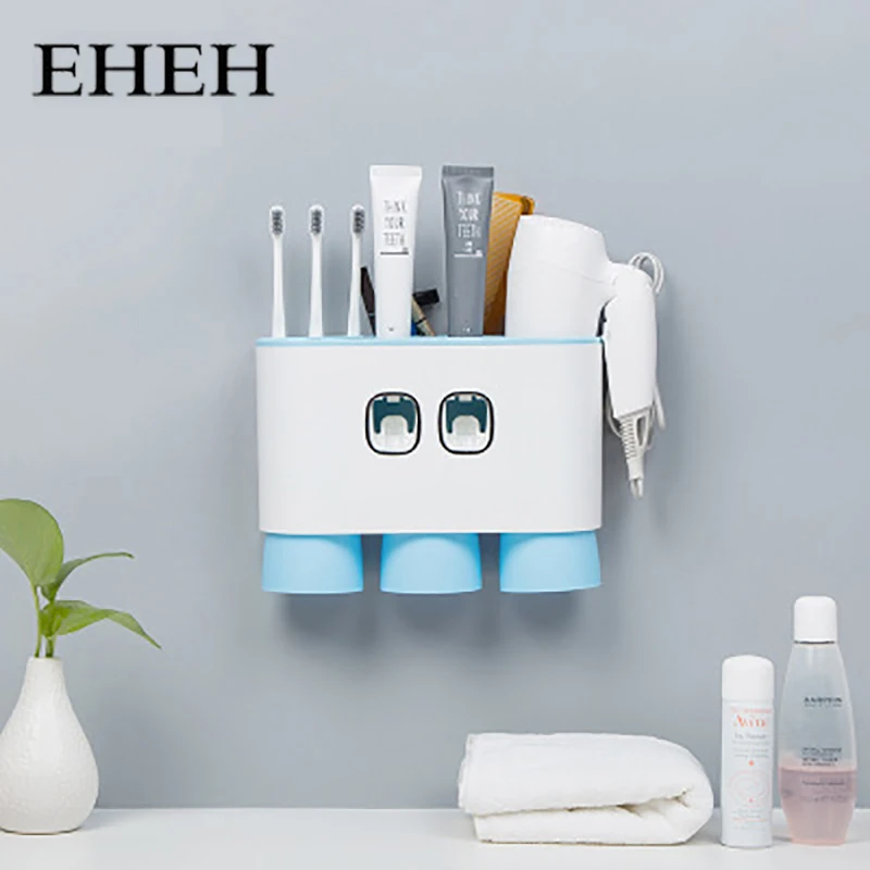 

EHEH Automatic Toothpaste Dispenser Toothbrush Holder with Cups Wall Mount Stand Bathroom Toothpaste Squeezer Set