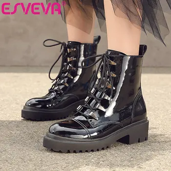 

ESVEVA 2021 Cow Leather Ankle Boots Ankle Boots Autumn Winter Lace Up Ladies Round Toe Square Med Heel Women Shoes Size 34-40