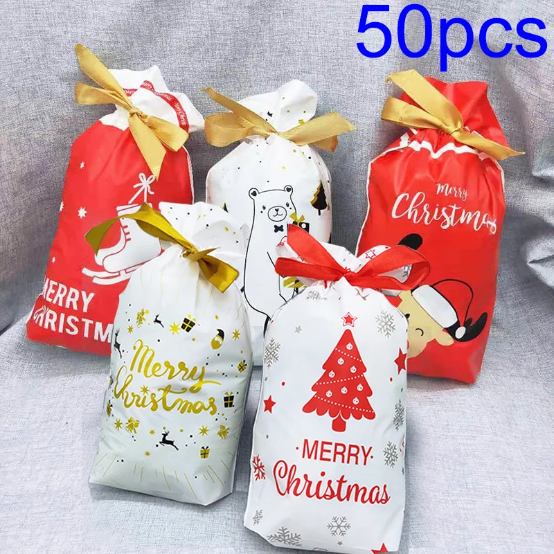 

50pcs Christmas Gift Bags Xmas Drawstring Wedding Favours Christmas Candy Wrapping Bag Decorations 15*23.5*6cm