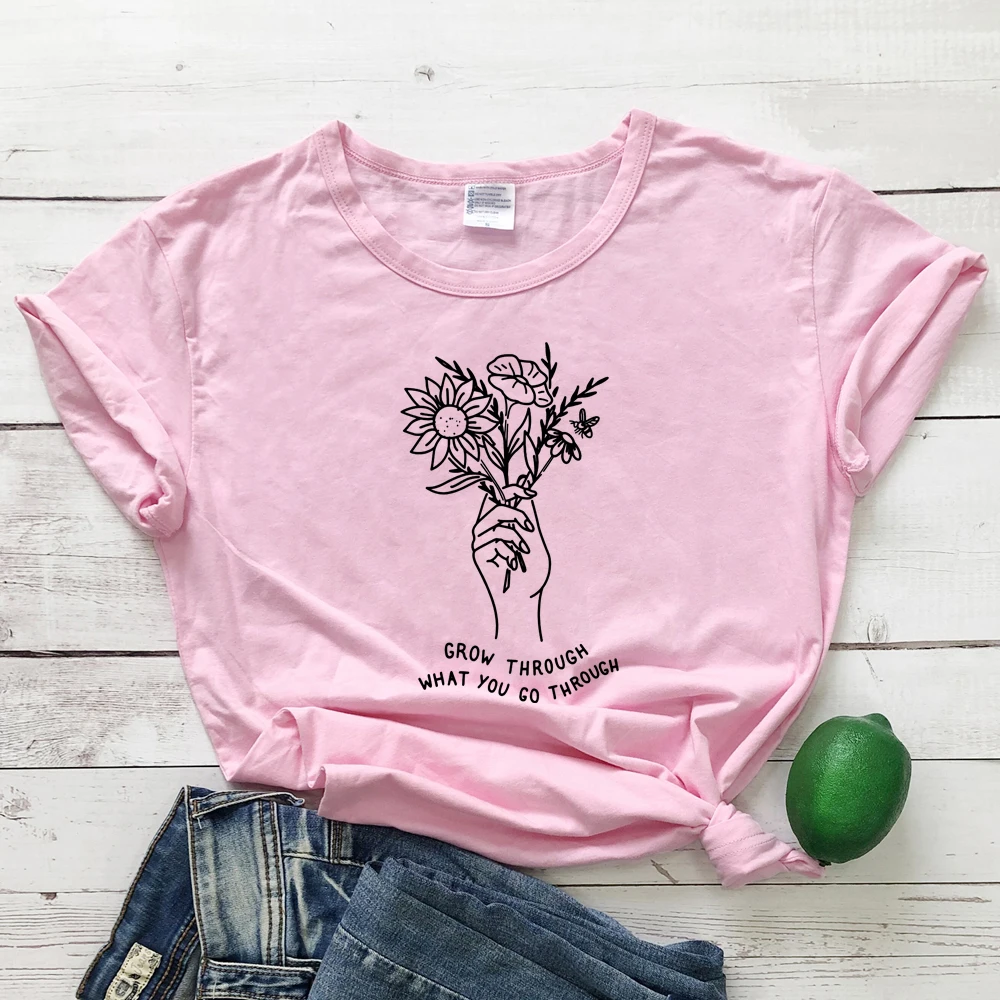Летние расти через то, что вы проходите футболки Винтаж Цветочный принт футболка Топ Для женщин Crewbeck крафический Tumblr из хлопчатобумажной ткани, раздел-футболки - Цвет: pink-black text