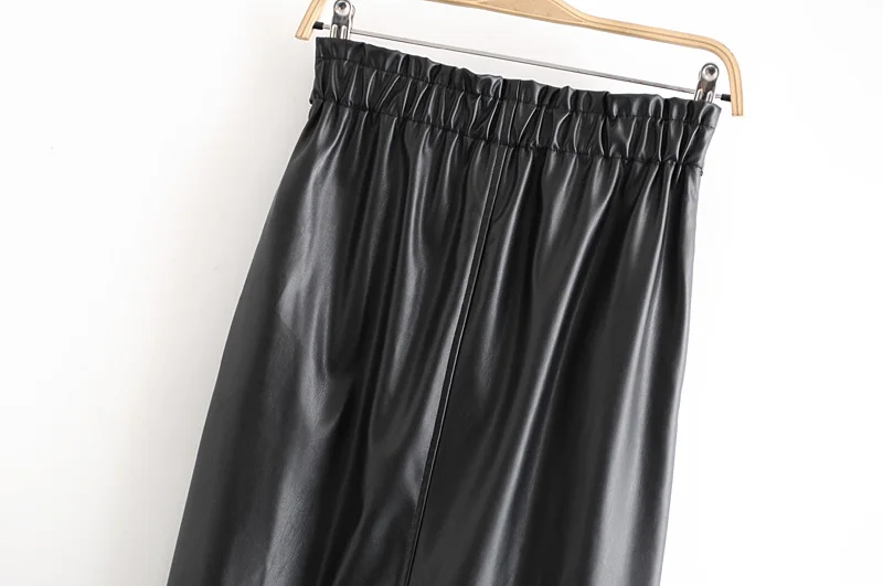 Мода Za женские юбки шикарная черная кожаная юбка эластичная талия галстук-бабочка пояс карманы до середины икры женские