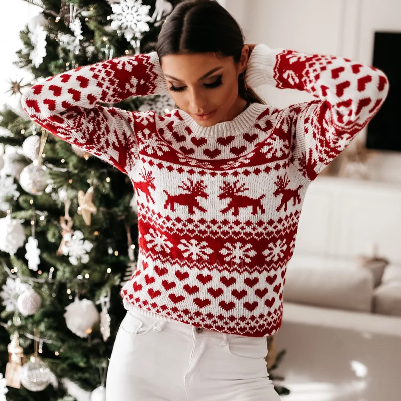 

Women Autumn Winter Christmas Sweater Ladies Knitted Jumper Pullover Women Sweater Snowflake Elk Print Sweaters And Pullovers