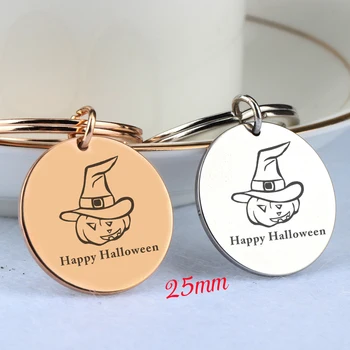 

Hand Stamped Happy Halloween Keychain Stick Figure Pumpkin Head For Halloween Gift Fashion Round Jewelry Tag Charm Key Ring
