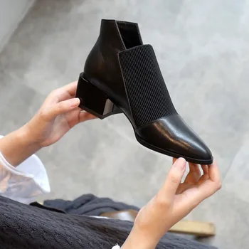 

Red sleeve all-match women's boots thick heel low barrel women's short boots middle heel cowhide casual bare boots