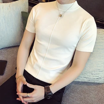 

2019 summer turtleneck men's ice silk knit short-sleeved Korean version half-sleeved clothes Thin Japan Style White Gray