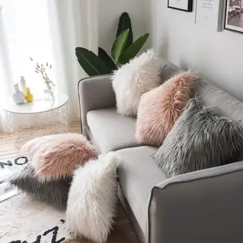 

1 pc Solid Color Plush Pillowcase Cushion Cover One Side Faux Fur Decorative Throw Pillow Case Square Plush For Home Sofa Decor