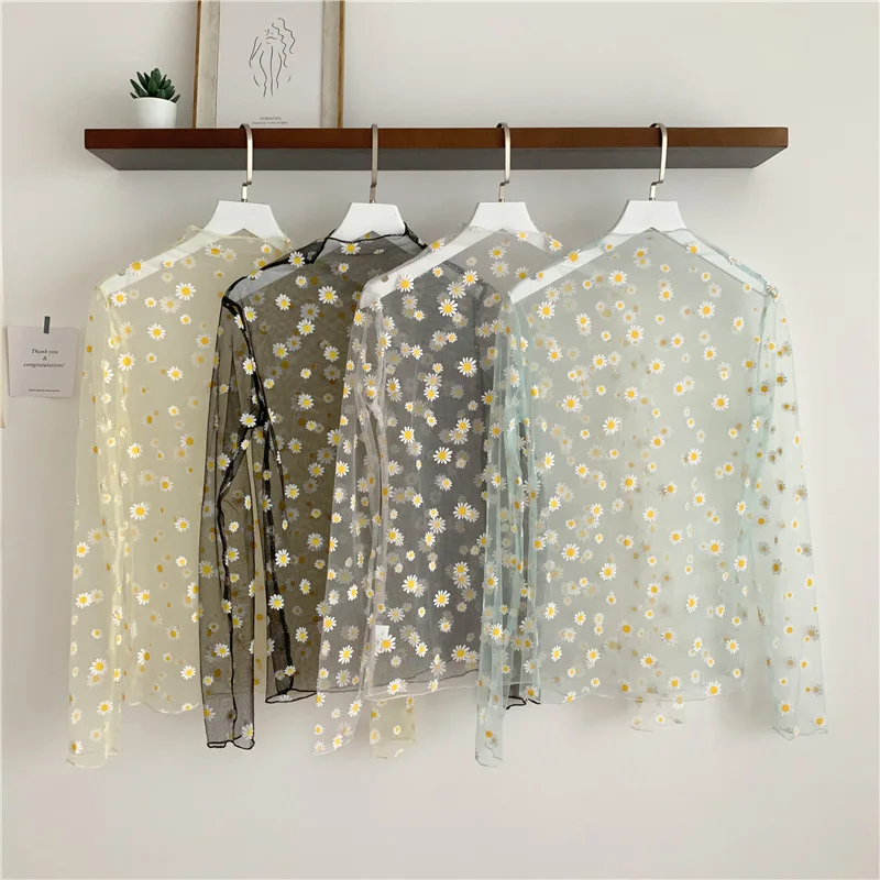 Summer Autumn Women Casual Mesh Pattern Daisy Flower Printed Blouse Tops Girls Shirts See Through Shirt For Female | Женская одежда