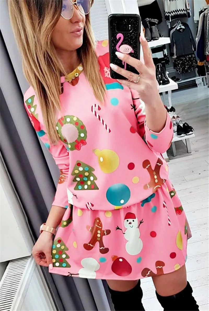 Elsvios Women Autumn Winter Christmas Dress New Year Long Sleeve Party Dress Snowman Print Mini Dresses For Parent-Kid Vestidos