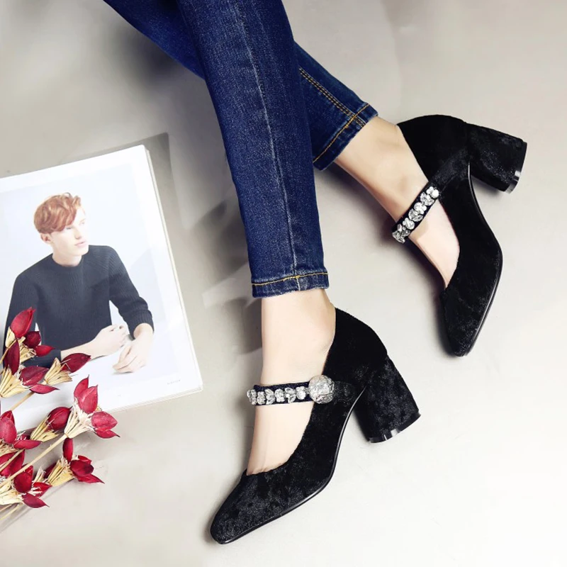 female crystal high heels shoes square toe mary jane velvet thick pumps luxury chunky diamond rhinestone block jewel women