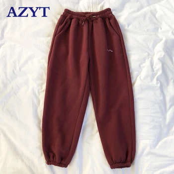 

AZYT Harajuku Loose Female Sweatpants Winter Women Harem Pants Stripes Embroidery Gray Black Fleece Pants Bottom