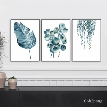 

Botanical Leaf Art Print Blue Flower Poster And Print Wall Art Minimalist Canvas Painting Wall Picture Dining Room Kitchen Decor
