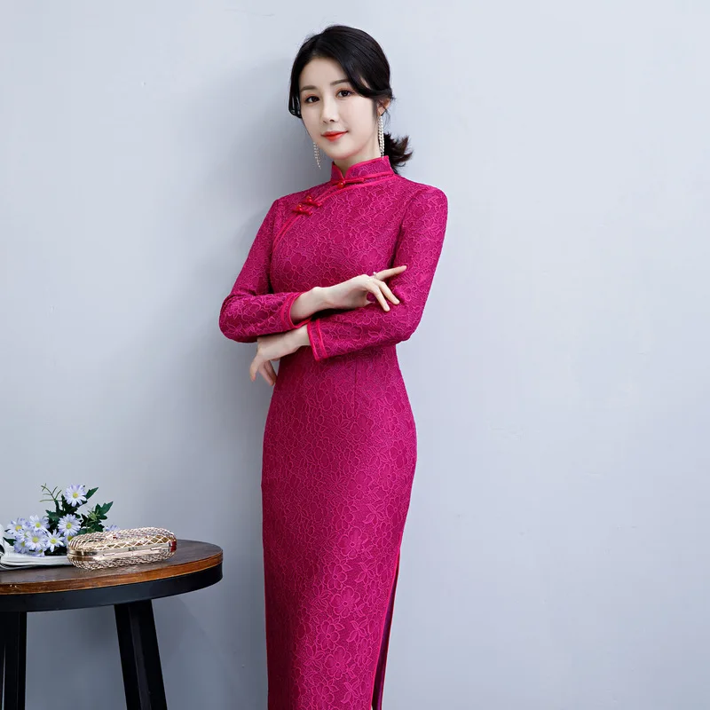 Китайское элегантное вечернее платье ручной работы с пуговицами Qipao, тонкое длинное Qipao, большие размеры, M-4XL, сексуальное кружевное Чонсам с высоким разрезом