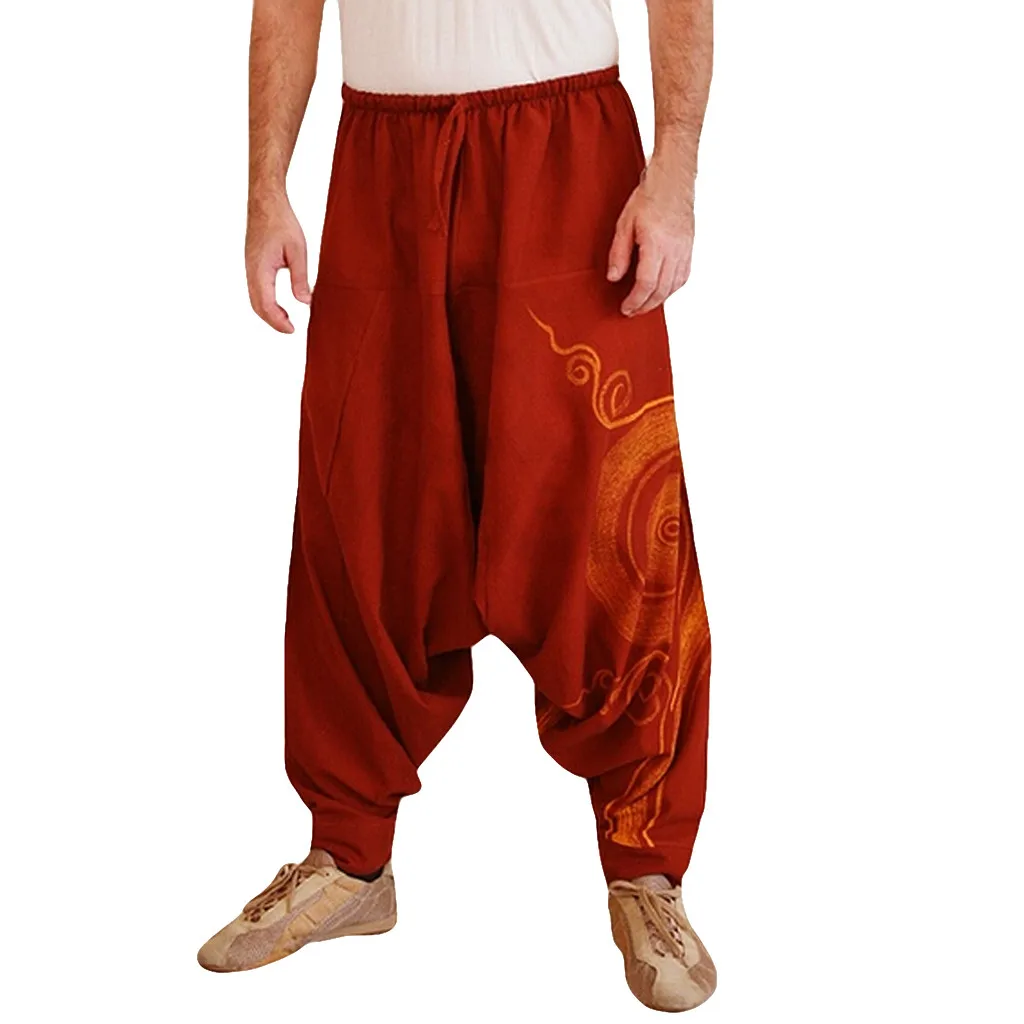 Spring Autumn Men Ethnic Printed Overalls Casual Pocket Sport Yoga Work Casual Elastic Waist Trouser Pants M0909