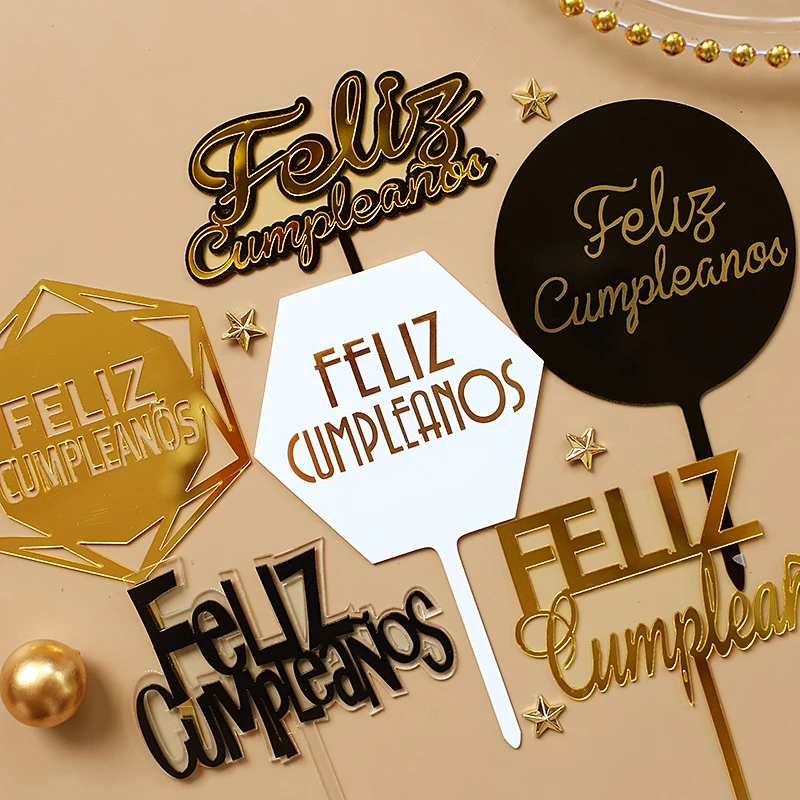 Feliz cumpleaños. Золотой серебряный черный Español акриловый Топпер для торта С Днем