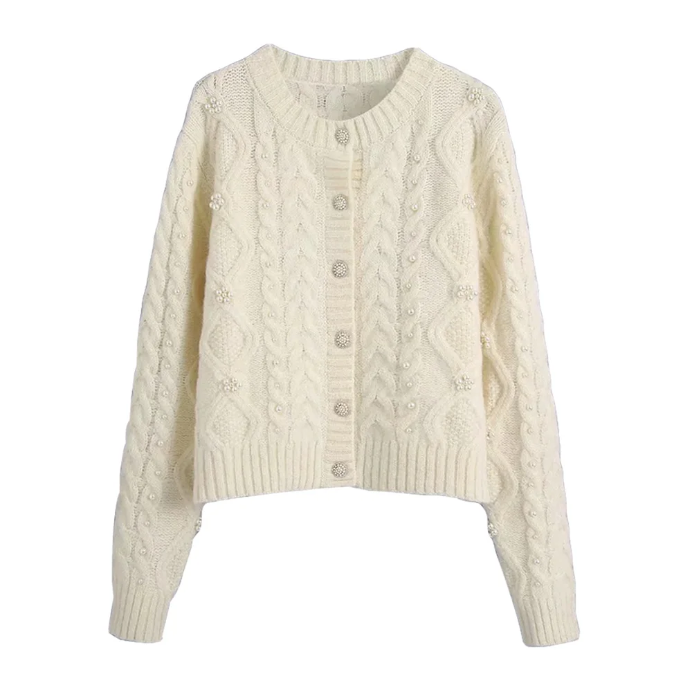 KPYTOMOA Women  Fashion With Pearl Beading Knit Cardigan Sweater Vintage O Neck Long Sleeve Female Pullovers Chic Tops brown cardigan