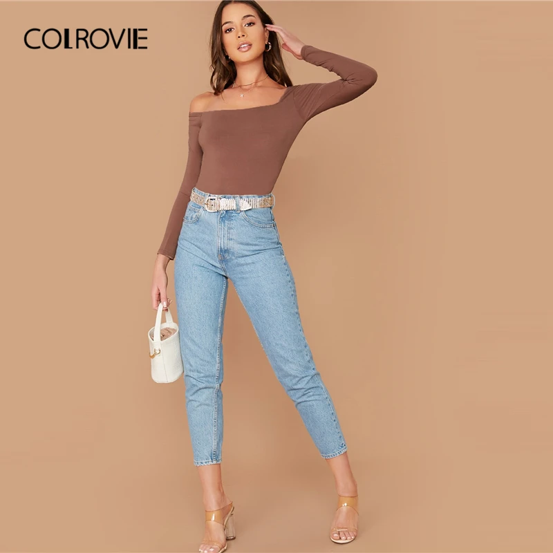 COLROVIE, ассиметричный однотонный боди для женщин, коричневый, базовый, элегантный, обтягивающий, боди, весна, длинный рукав, сексуальный боди