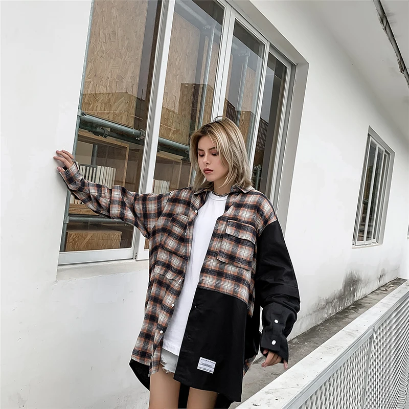 Mirecoo Men Shirt Block Patchwork Plaid Long Shirts Men Sleeve Detachable Hip Hop Fashion Mens Shirt Streetwear Tops Clothes