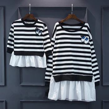 

Mother Daughter Pleated Dresses 2019 Spring Children Wear Striped Dress Round Neck Long Sleeve Party Costumes Women Girl Vestido