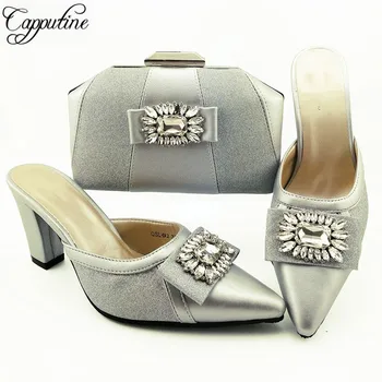 

Hot selling silver wedding/party slip-on shoes and handbag sets nice pump with purse QSL012 heel height 9cm