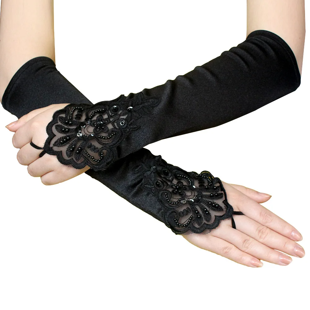 Black Gothic Women Cool Sequin Glove 2020 Fashion Lady Satin Elbow Length Pearl Lace Patchwork Gloves Street Party Accessory
