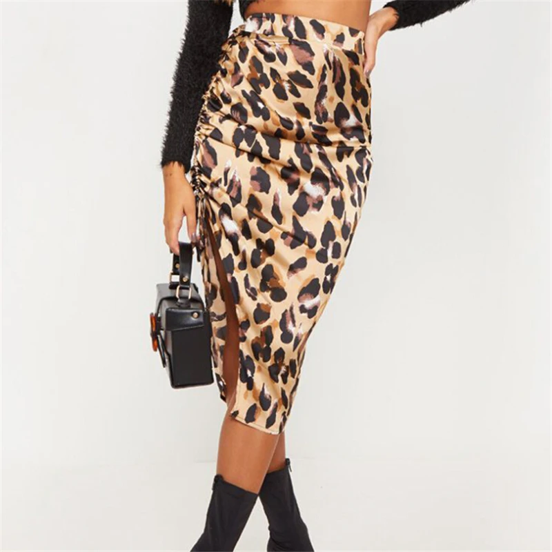 Women High Waist Skirt Ladies Leopard Print Bodycon Pencil Skirts Side Split Lace Up Women Skirt Womens Skirts Female Wear