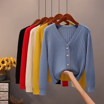 

Women Spring Autumn Fashion Japan Style Simple Design Long Sleeve Solid Color V Neck Knitted Open Stitch Office Lady Sweater