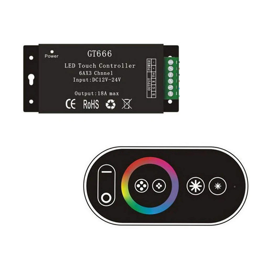 Сенсорный экран Led RGB контроллер Диммер GT666 AC/DC 12-24V 6Ax3channel 18A для 5050 3528 2835 цветных(RGB) светодиодных лент светильник