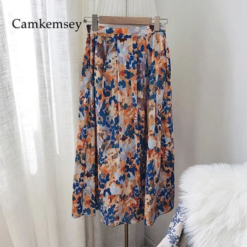 

CamKemsey Vintage Floral Painting Print Bohemian Long Skirts Women Spring Elastic Waist Casual Loose A-Line Maxi Skirts