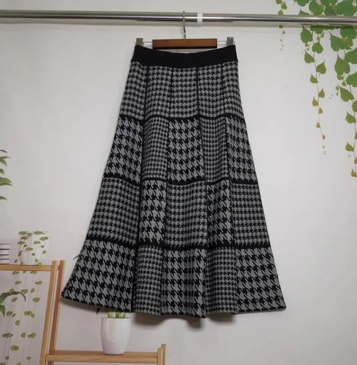 Vintage Autumn Winter Women knitted Sweater Skirt Elastic High Waist Vintage Plaid  Patchwork A-Line Mid-length Pleated Skirt lululemon skirt